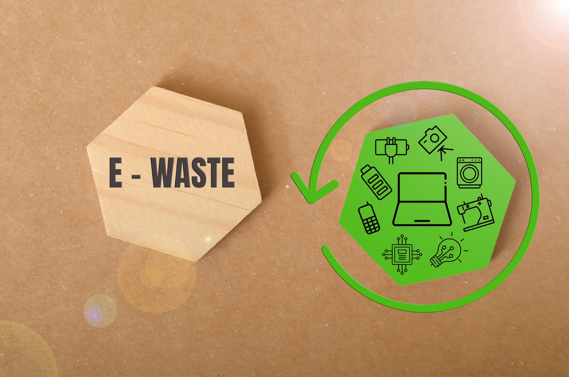 the concept of a circular economy, the electronic device icons emphasizes where e-waste is recycled and repurposed, reducing waste and conserving resources.